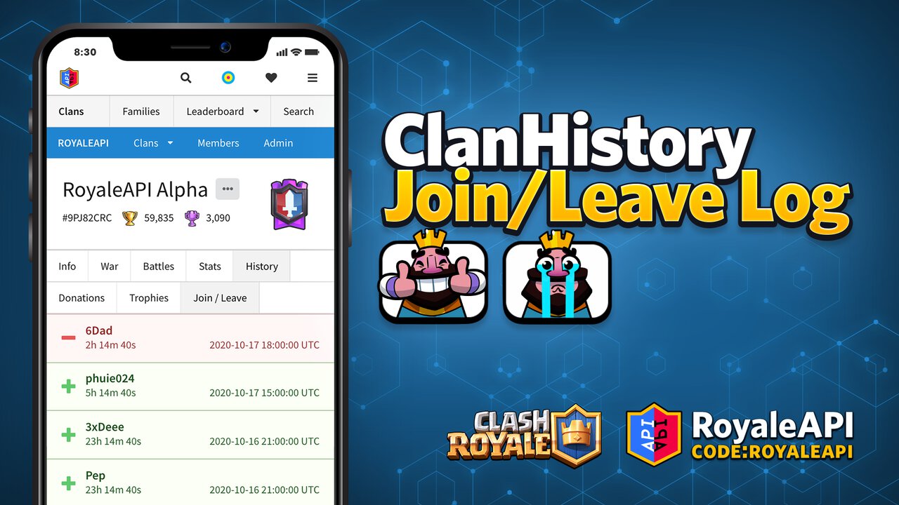 Join Leave / Log in Clash Royale Clans with the RoyaleAPI Clan History